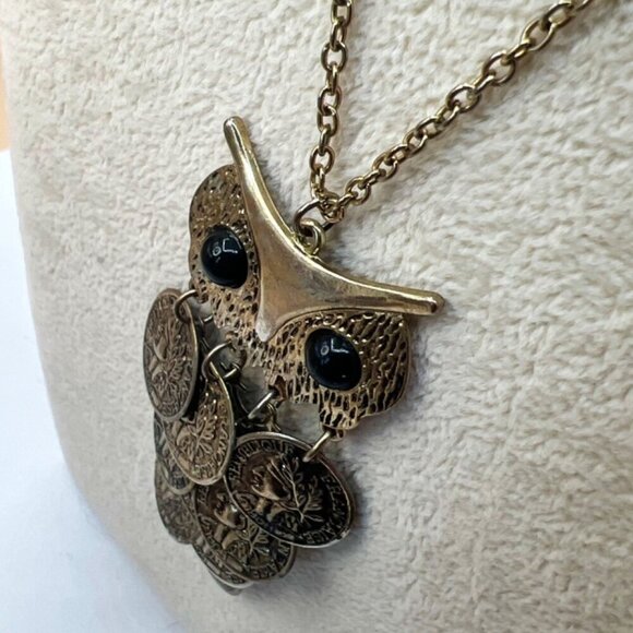 Vintage Gold-Tone Owl Pendant Necklace With French Coin Accents. N12 - Picture 9 of 10